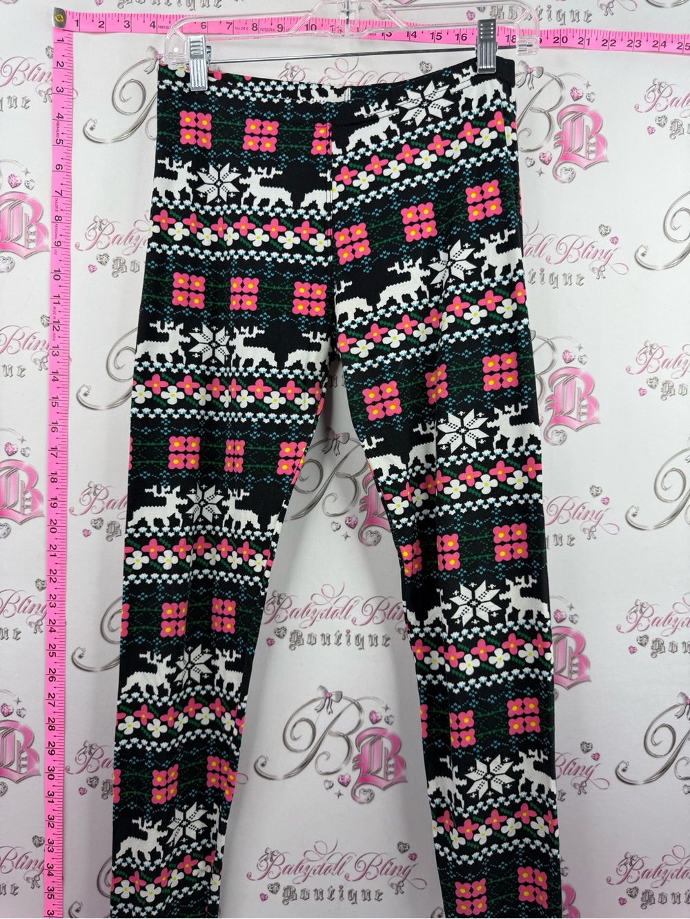 ALWAYS leggings Black Patterned Holiday Leggings with Pink and White Accents